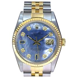 Rolex-Rolex Mens Datejust 2 Tone Blue Mop Sapphire Dial 18k Fluted Bezel 36mm watch-Other