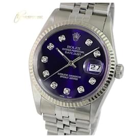 Rolex-Rolex Purple Mens Datejust Steel Diamond Dial 18k Gold Fluted Bezel Watch-Other