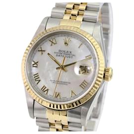 Rolex-Rolex Men's Rolex Datejust White Mop Roman Dial 18ky Gold Bezel 36mm Watch Ref-Other