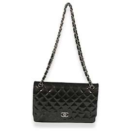 Chanel-Chanel Grey Quilted Patent Leather Stripe Jumbo lined Flap Bag-Black