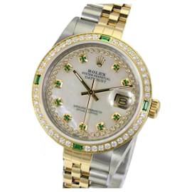 Rolex-Rolex White Mop Men Datejust 2tone Diamond Emerald Dial Diamond Bezel Watch-Other