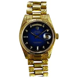 Rolex-Rolex Mens Day-date Rare Factory Blue Vignette Dial 18K GOLD WATCH-Blue