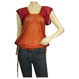 Christian Dior-Christian Dior Perforated Orange w. Red Sleeves Blouse T-Shirt Top Size 40-Orange