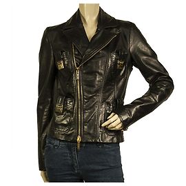 Dsquared2 DSquared DS2 Black Leather Designer lined Breasted Zipper Biker Jacket size 42 Black