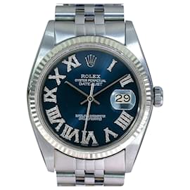 Rolex-Rolex Mens Datejust Ss 36mm Blue Roman Diamond Dial Fluted Bezel Watch Ref 16014 -Other