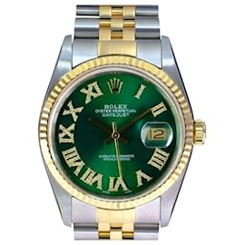 Rolex-Rolex Mens Datejust Two-tone Green Roman 16233 Dial 18k Fluted Bezel 36mm watch-Other