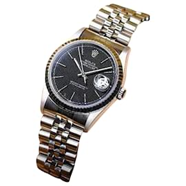 Rolex-Rolex Men's  Datejust Ss Black Tapestry Dial Fluted Bezel 36mm Watch Ref-Other