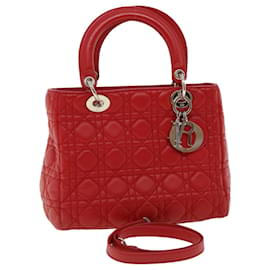 Christian Dior-Christian Dior Lady Dior Canage Hand Bag Lamb Skin Red Auth 32628A-Red