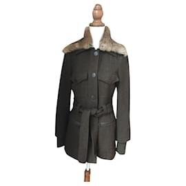 Max & Co Khaki Wool Jacket with Removable Rabbit Collar Khaki