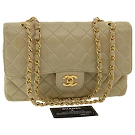 Chanel-Chanel Matelassé 25 Bolsa tiracolo Turn Lock Chain Cetim Bege CC Auth 32604-Bege