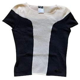 Chanel-*CHANEL Chanel Ladies Short Sleeve Knitted Shirt Short Sleeve Cut Saw Black Size 38-Black,Beige