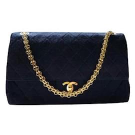 Chanel-True Chanel Collectors Item! Chanel Early 1980’s Vintage Medium Timeless Classic lined Flap Quilted Cotton Jersey Flap Bag in Navy Blue with Burgundy Leather Interior-Navy blue