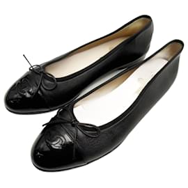 Chanel-CHANEL LOGO CC G BALLERINAS SHOES02819 40.5 BLACK LEATHER FLAT SHOES-Black