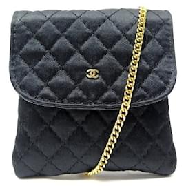 Chanel-VINTAGE CHANEL MINI BAG COLLIER TIMELESS BLACK SATIN FLAP WITH CHAIN 1990 pouch-Black