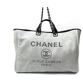Chanel-CHANEL DEAUVILLE SHOPPING XL HANDBAG 50 CM CABAS IN GRAY CANVAS HANDBAG-Grey