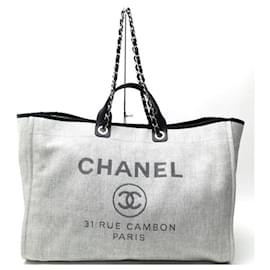 Chanel-CHANEL DEAUVILLE SHOPPING XL HANDBAG 50 CM CABAS IN GRAY CANVAS HANDBAG-Grey