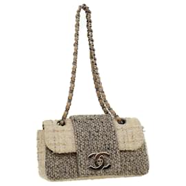 Chanel-CHANEL Tweed Turn Lock Chain Shoulder Bag Gray CC Auth 32697a-Grey