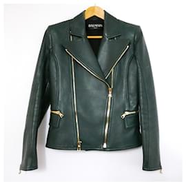 Balmain hunter green leather biker jacket Dark green