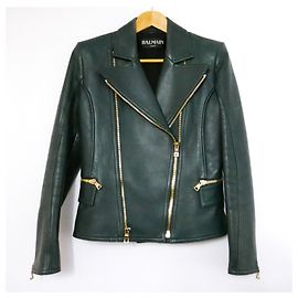 Jaqueta biker de couro verde Balmain Hunter Verde escuro