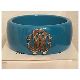 Roberto Cavalli-Turquoise rigid bracelet with golden Cavalli logo-Turquoise