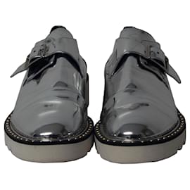 Stella Mc Cartney-Stella McCartney Odette Buckle Loafers in Silver Faux Leather -Silvery,Metallic