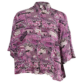 Balenciaga-Balenciaga All Over Graphic Print Logo Button Up Shirt in Purple Silk-Purple