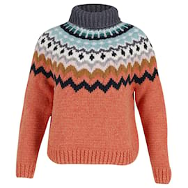 Anya Hindmarch-Anya Hindmarch Fair Isle Hand Knit Turtleneck Sweater in Orange Wool-Orange