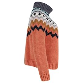 Anya Hindmarch-Anya Hindmarch Fair Isle Hand Knit Turtleneck Sweater in Orange Wool-Orange