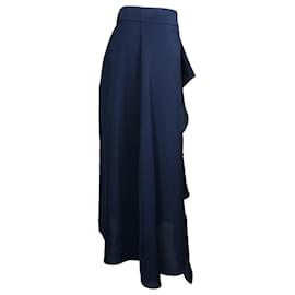 Iris & Ink-Iris & Ink Ruffled Midi Skirt in Navy Blue Polyester-Blue,Navy blue