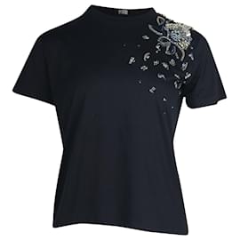Prada-Camiseta de algodón negro con cuello redondo y adornos de Prada-Negro