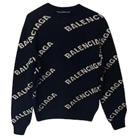Balenciaga-Balenciaga All Over Logo Sweater in Black Wool-Black