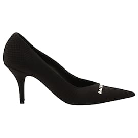 Balenciaga-Balenciaga Logo Knitted Knife Pointed Toe Pumps in Black Polyester-Black