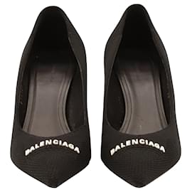 Balenciaga-Balenciaga Logo Knitted Knife Pointed Toe Pumps in Black Polyester-Black