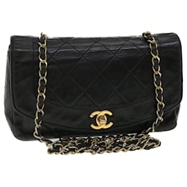 Chanel-CHANEL Diana Matelasse Flap Chain ShoulderBag Lamb Skin Black Gold CC Auth 26130-Black,Golden