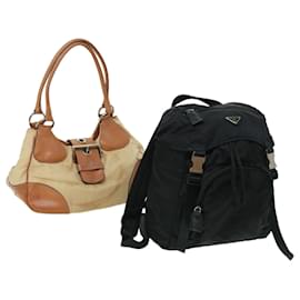 Prada-PRADA Backpack Hand Bag Nylon 2Set Beige Brown black Auth bs2786-Brown,Black,Beige