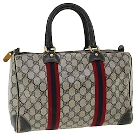 Gucci-GUCCI GG Canvas Sherry Line Boston Bag Beige Red Navy Auth rd3455-Red,Beige,Navy blue
