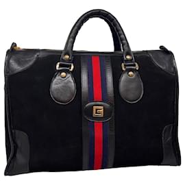 Gucci-GUCCI Sherry Line Boston Bag Suede Black Red Navy Auth ac1175-Black,Red,Navy blue