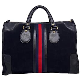 Gucci-GUCCI Sherry Line Boston Bag Suede Black Red Navy Auth ac1175-Black,Red,Navy blue