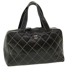 Chanel-CHANEL Wild stitch Hand Bag Leather Black CC Auth bs2660-Black
