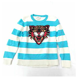 Gucci Langarm-Baumwollpullover Kinder Weiß Blau