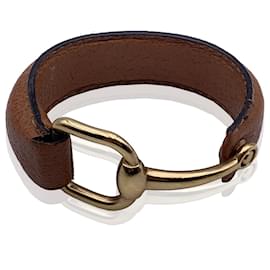 Gucci-Vintage Tan Leather Bangle Cuff Belt Bracelet Gold Horsebit-Beige
