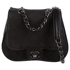 Chanel-Chanel Classic Flap Small Mini Quilted Saddle Black Nubuck Leather Crossbody Bag-Black