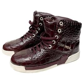 Chanel-Chanel calf leather croc embossed leather and Pearl rivets High Top Sneakers Trainers Boots in Burgundy-Other