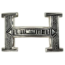 Hermès-HERMES: Excepcional hebilla de cinturón TOUAREG de plata maciza grabada a mano 32 MM-Plata