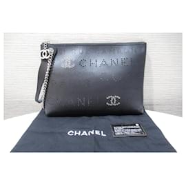 Chanel-*CHANEL clutch bag black cambon line silver metal fittings with G card-Black