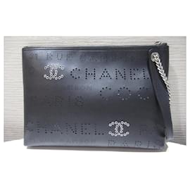 Chanel-*CHANEL clutch bag black cambon line silver metal fittings with G card-Black