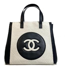 Chanel-*CHANEL Chanel CC Deca Coco Mark Sac cabas de plage-Noir,Blanc