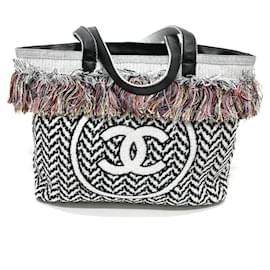 Chanel-*Chanel CC here mark beach bag fringe/shoulder tote bag-Black,Silvery,White