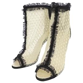 Chanel-*CHANEL white lace heel pumps open toe lace x leather white-Black,White