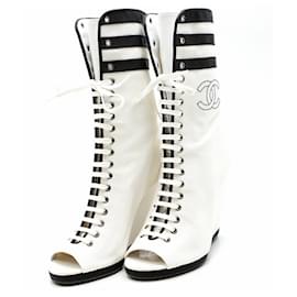 Chanel-*CHANEL Chanel open toe boots lace-up lace-up coco mark canvas white-Black,White